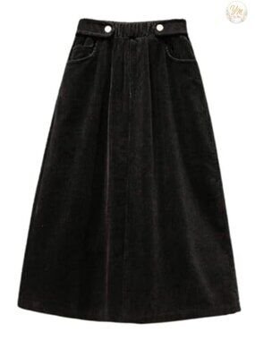 Corduroy Midi Skirt Elastic Waist A-Line Ruffle Casual Winter Work Skirt